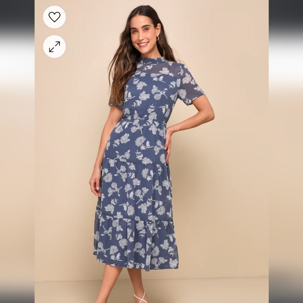 Lulu's Floral Dusty Blue Midi Dress